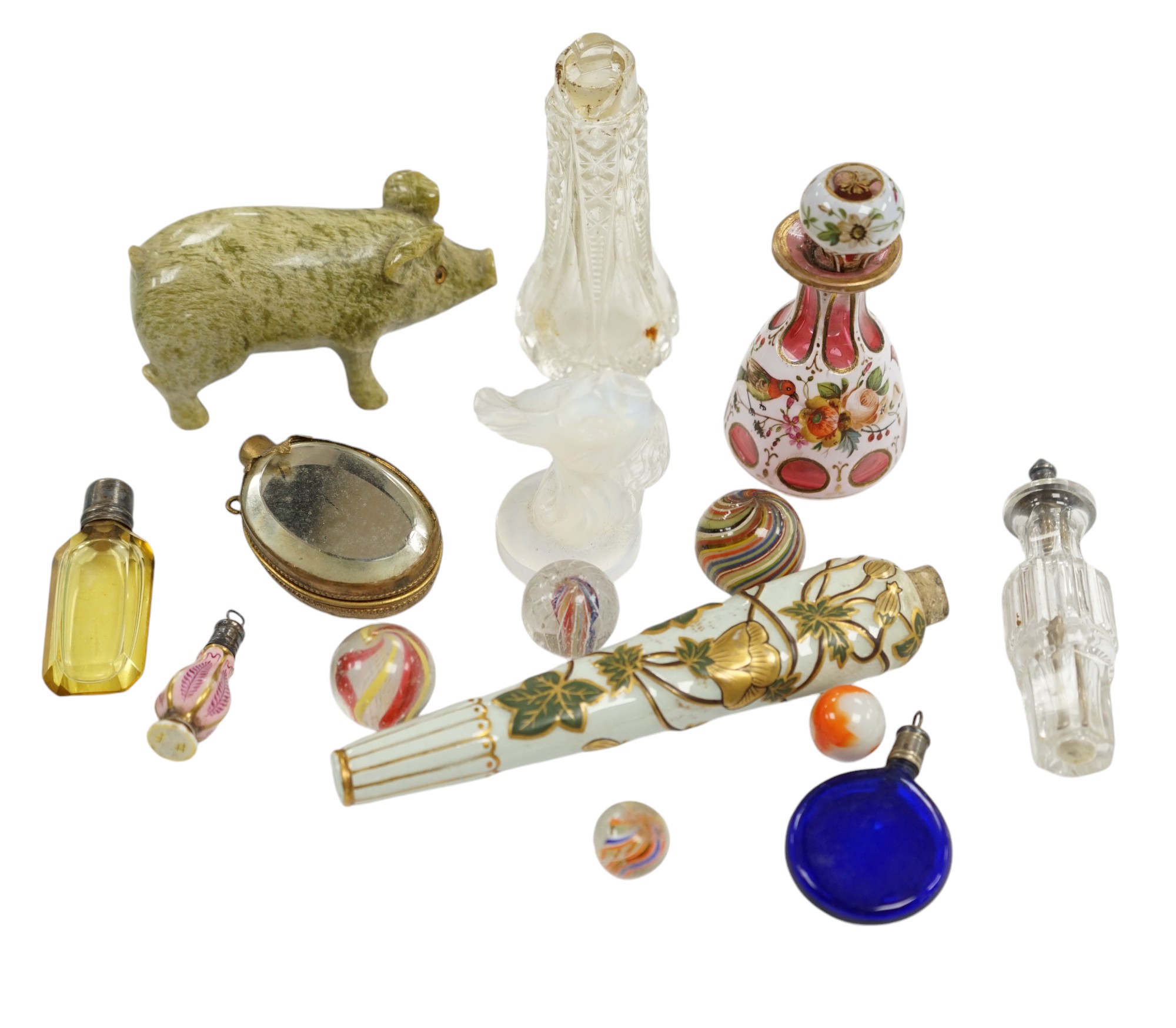 Miscellaneous Victorian scent bottles, a novelty miniature glass chamberpot, a Sabino-type opalescent glass fish model, etc, largest 12.5cm in length. Condition - mostly poor to fair